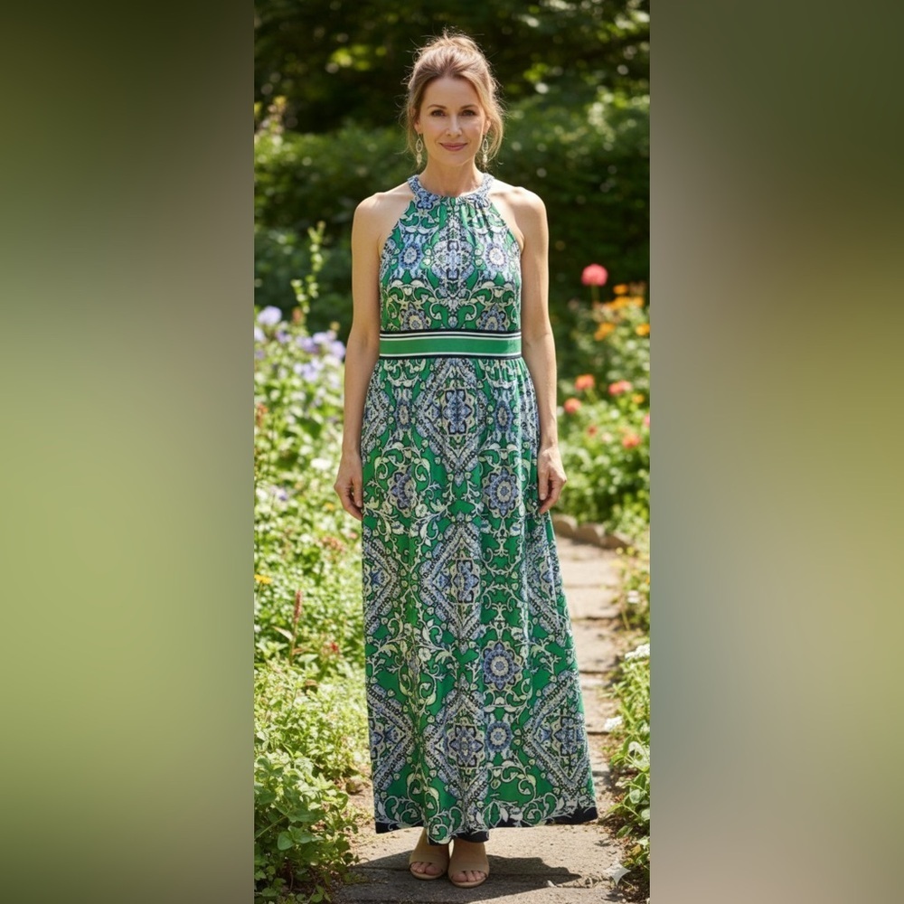 Jessica Howard Green & Blue Medallion Halter Maxi Dress - Size 10